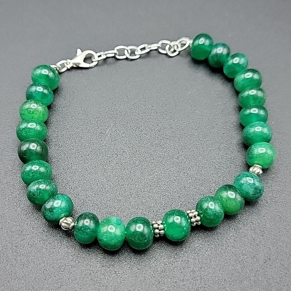 195 Cts Authentic Natural Gemstone Green Onyx Bracelet Round Beaded Silver Tone